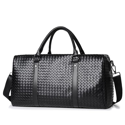 Leather Braided Pattern Travel Duffel Bag, Weekender Overnight Bag Waterproof Leather Carry On Travel Bag ，with Shoulder Straps Tote Duffel Bag, Brown, Travel Duffel (Black)