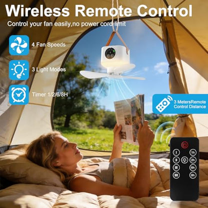 USB Dormitory Camping Small Ceiling Fan Rechargeable With 8 Hour Timer Night Light And 4 Speed Portable Design