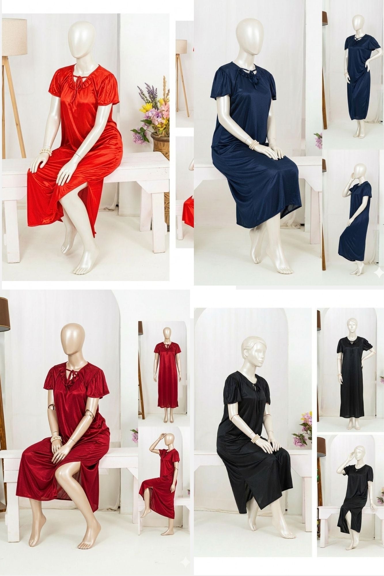 1 Pc Silk Satin Bow Tie Maxi Night Dress – Elegant Short Sleeve Women Nighty Free Size - SKU-R130 (Black)