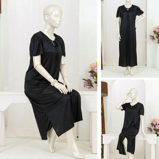 1 Pc Silk Satin Bow Tie Maxi Night Dress – Elegant Short Sleeve Women Nighty Free Size - SKU-R130 (Black)