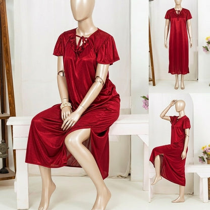 1 Pc Silk Satin Bow Tie Maxi Night Dress – Elegant Short Sleeve Women Nighty Free Size - SKU-R130 (Black)
