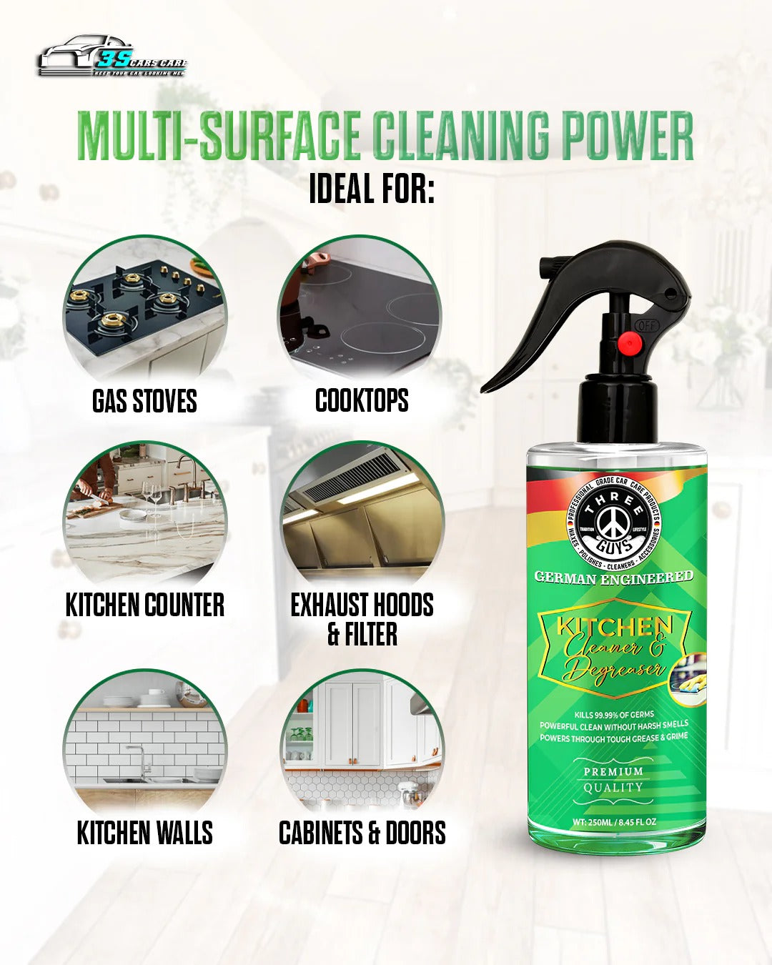 Kitchen Cleaner & Degreaser – Heavy Duty, Germ-Killing & Grease-Fighting Formula | THREE GUYS - German Engineered (250) ML