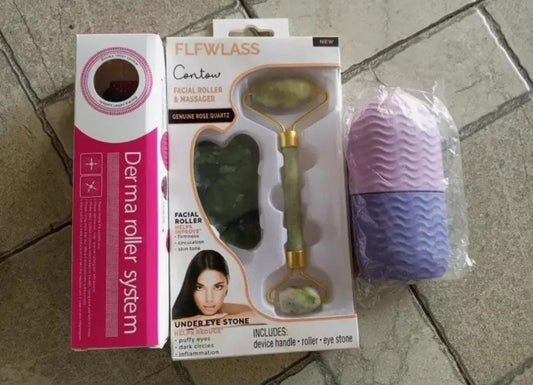 3-in-1 Facial Care Combo Pack – Marble Jade Roller, Ice Roller & Derma Roller Set