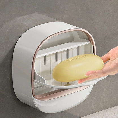 1Pc Premium White Soap Box for Home Use, Wall Mounted, Convenient, Light Luxury Soap Holder, No Punching, Draining, Laundry Box