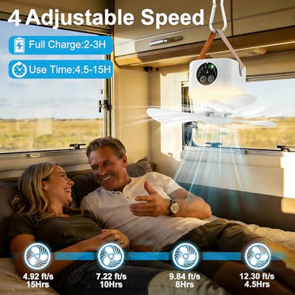 USB Dormitory Camping Small Ceiling Fan Rechargeable With 8 Hour Timer Night Light And 4 Speed Portable Design