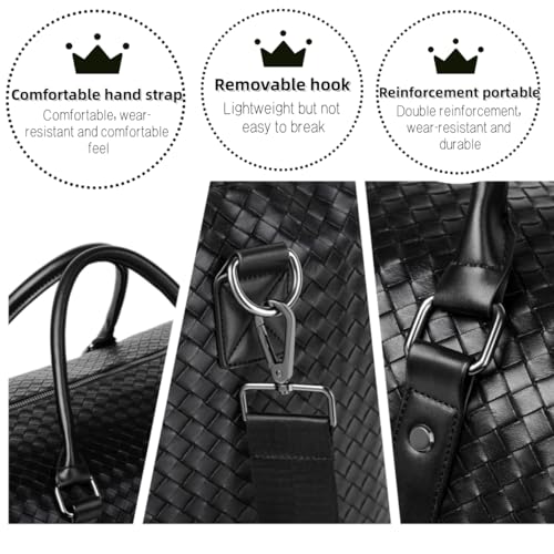 Leather Braided Pattern Travel Duffel Bag, Weekender Overnight Bag Waterproof Leather Carry On Travel Bag ，with Shoulder Straps Tote Duffel Bag, Brown, Travel Duffel (Black)
