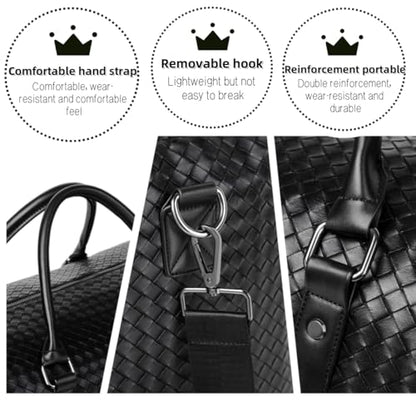Leather Braided Pattern Travel Duffel Bag, Weekender Overnight Bag Waterproof Leather Carry On Travel Bag ，with Shoulder Straps Tote Duffel Bag, Brown, Travel Duffel (Black)