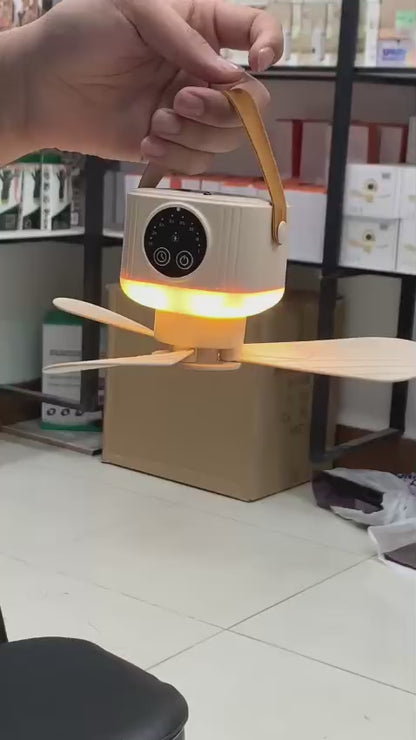 USB Dormitory Camping Small Ceiling Fan Rechargeable With 8 Hour Timer Night Light And 4 Speed Portable Design